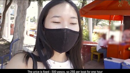 Asian woman in a porta-potty fucks her boyfriend while traveling