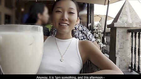 Asian woman in a porta-potty fucks her boyfriend while traveling