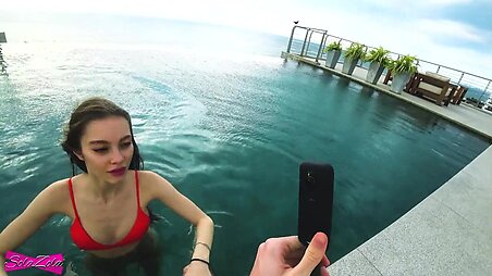Accidentally cum in her pussy near the rooftop pool