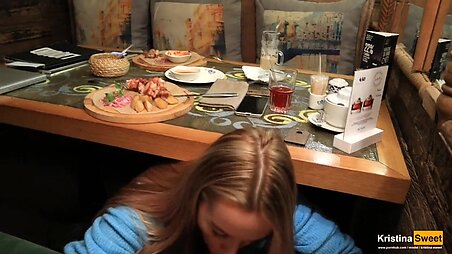 Public Blowjob Under The Table In The Restaurant. Cum in Mouth.