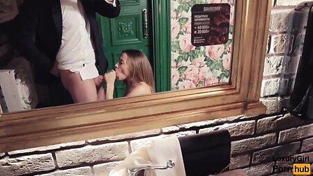 Cute Sucking Cock And Swallow Cum In Public Restroom !