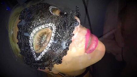 Dutch milf in a mask jerks off my heavy cock before blowjob
